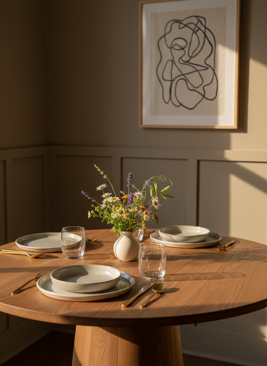 A classic yet contemporary dining nook prepared for relaxed Sunday hosting, with an oval solid-wood pedestal table set with stoneware plates in soft greige, hand-blown glass tumblers, and brushed brass cutlery. A small wildflower arrangement in a cream bud vase sits slightly off-center. The table is positioned beside a panelled wall in warm taupe, with a framed abstract line drawing above. Late afternoon golden-hour light streams through an unseen window, creating long, elegant shadows across the table and subtly illuminating the textures. Photographic realism, shot from a slightly elevated angle with shallow depth of field, capturing the tactile details of the table setting and creating an intimate, sophisticated atmosphere ideal for hosting inspiration.