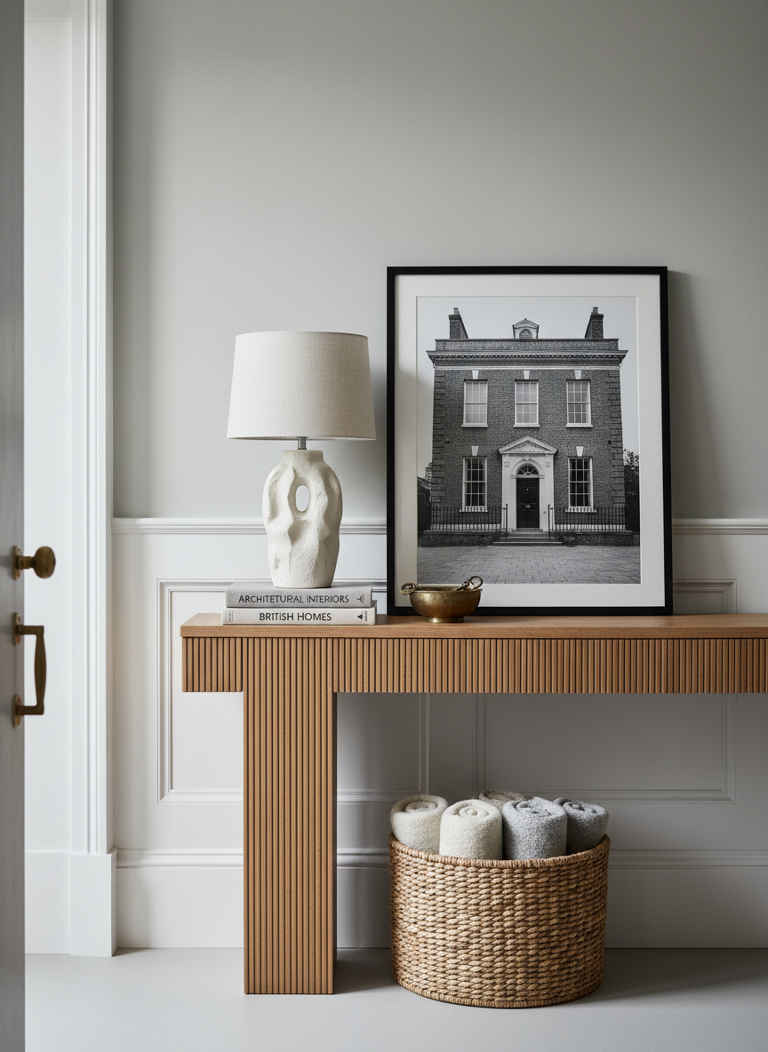 A refined console table vignette in an entryway, styled as an interiors editorial moment: a narrow fluted oak console against a chalky, painted wall with high skirting boards. On the console, a tall sculptural ceramic lamp, a stack of two coffee-table books on interiors, a small antique-style bowl for keys, and a framed black-and-white architectural photograph leaned casually against the wall. A woven basket sits below, filled with neatly folded blankets. Soft overcast natural light from a nearby door washes the scene, creating gentle, even illumination with subtle shadows. Photographic realism, shot straight on with balanced composition, conveying a sophisticated, UK townhouse feel and a sense of curated arrival.