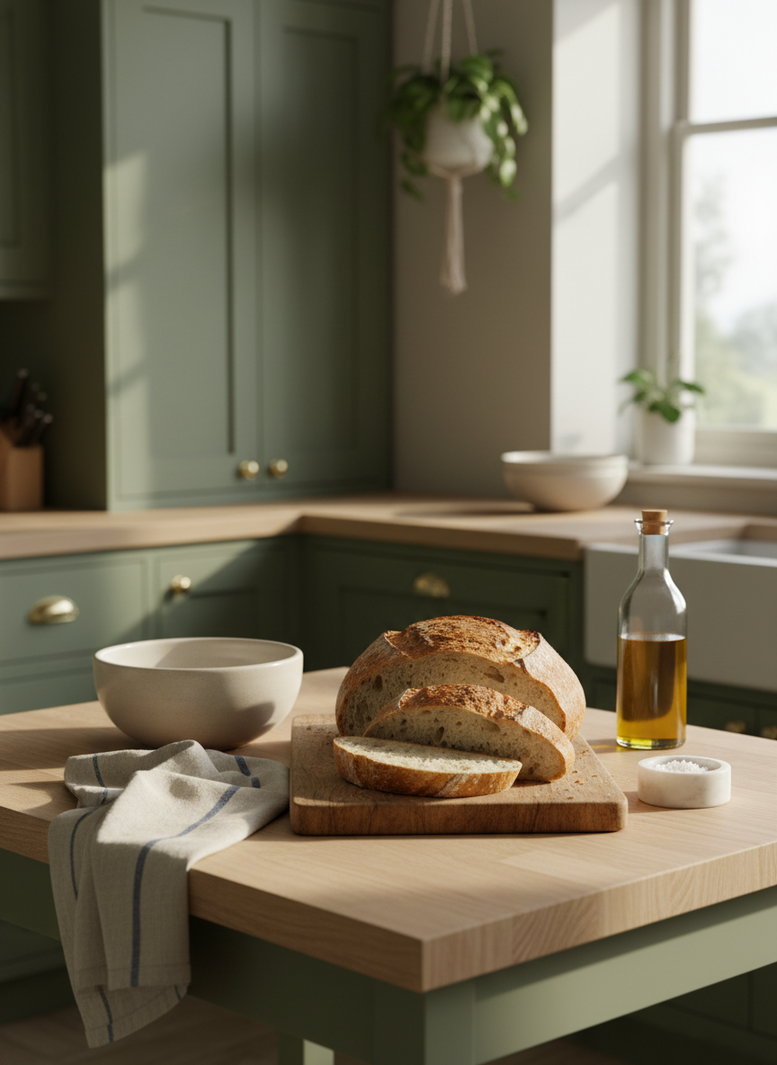 A cozy Sunday kitchen scene focused on a small, well-styled island corner: a pale oak worktop with visible grain, a neatly folded striped linen tea towel, a stoneware mixing bowl in warm cream, and a wooden board topped with freshly baked sourdough, partially sliced. A simple glass bottle of olive oil and a tiny marble pinch pot with flaky sea salt add understated detail. The island sits in front of shaker-style cabinetry painted in a muted, heritage green, with brushed brass hardware. Soft morning light enters from the right, highlighting texture on the bread crust and wood, while the rest of the kitchen gently blurs. Photographic realism, slightly elevated angle, creating an inviting, lived-in atmosphere of effortless weekend hosting.