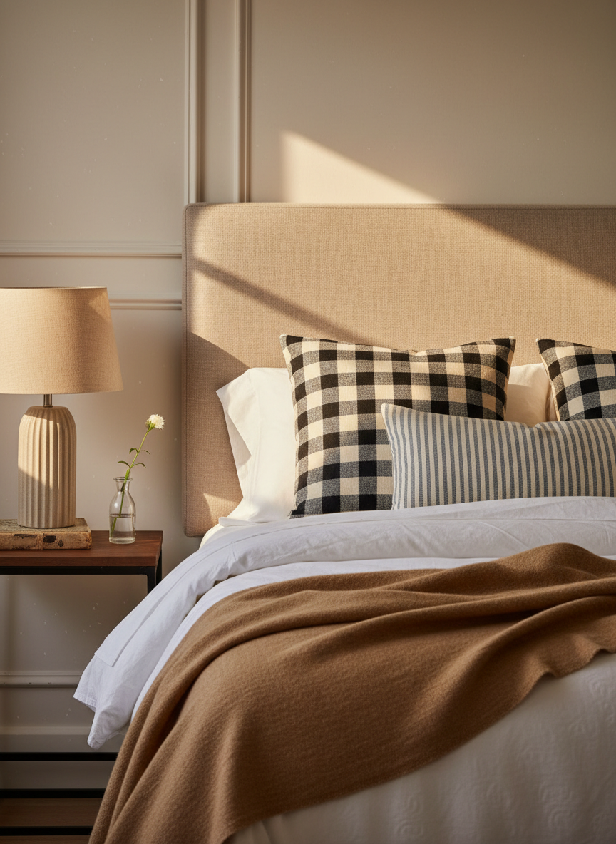 A thoughtfully styled bedroom corner showcasing layered, timeless textiles: a generously sized upholstered headboard in textured natural linen, crisp white cotton bedding, a camel-toned wool throw, and two plump cushions in complementary checks and stripes. A slim, dark-wood bedside table holds a ribbed ceramic lamp with a warm linen shade, a single vintage book, and a small glass bud vase. The space sits against a soft, warm white wall with subtle moulding detail. Early morning light filters in from the left, casting a quiet glow and delicate shadows. Photographic realism, framed at an eye-level close-up, with a serene, cocooning mood that suggests slow weekend mornings and curated homeware choices.